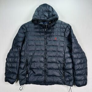 Polo Ralph Lauren Colden Packable Jacket Mens XL Navy Hooded Puffer Quilted Warm